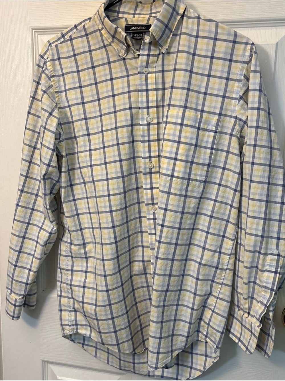 Lands' End Men's White Button-Down Shirt with Blue & Yellow Plaid